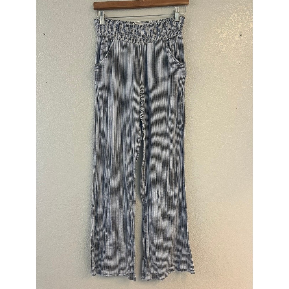 Billabong Blue White Striped Smocked Waist Wide Leg Beach Pants Womens Small